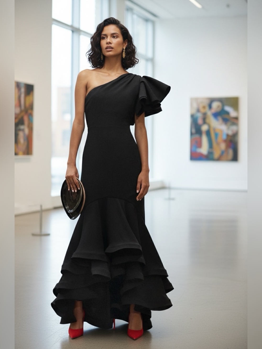 No Pise La Grama Gown Chic One-Shoulder Black Dress NWT